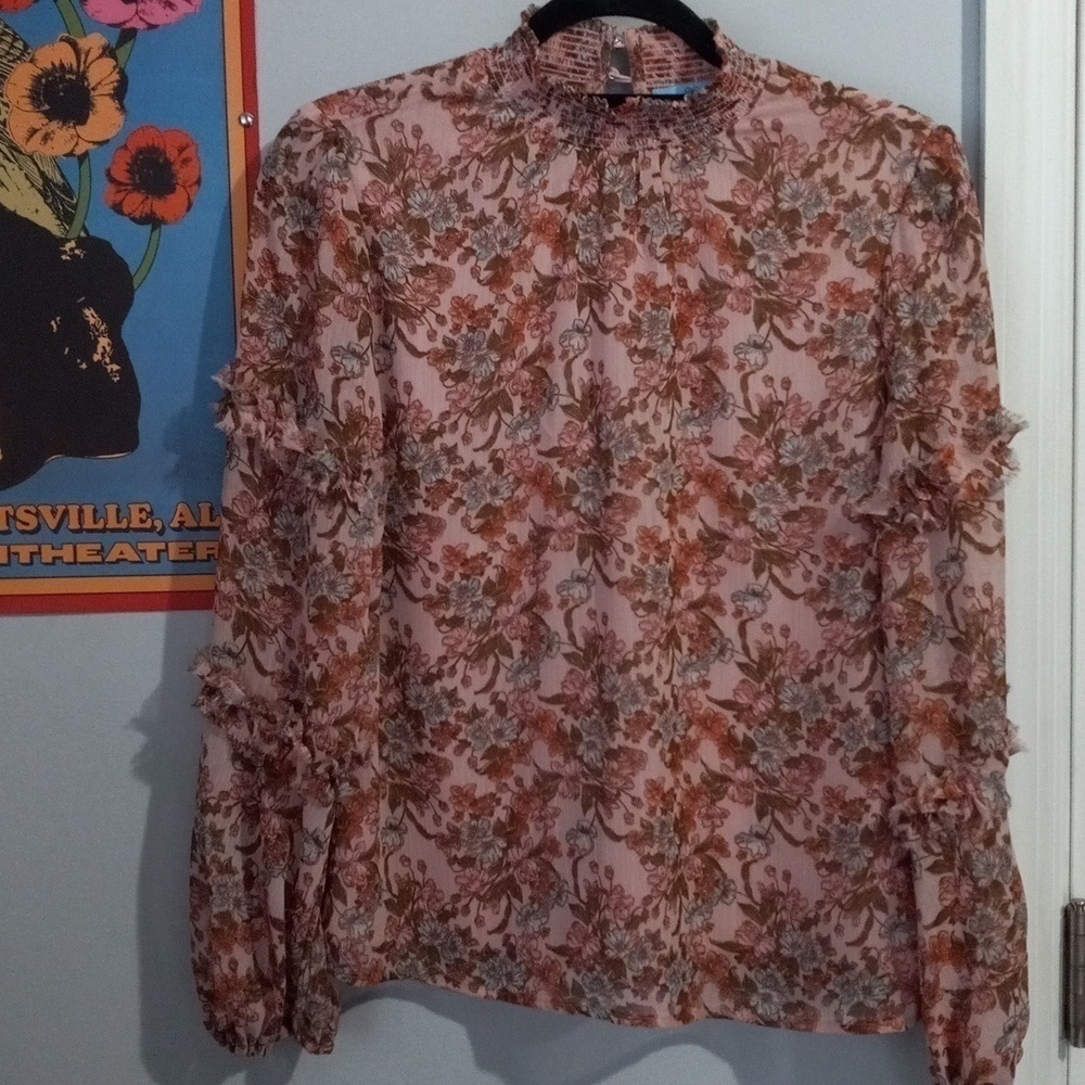 CeCe Dusty Mauve Pink Floral Print Long Sleeve Mock Neck Blouse
